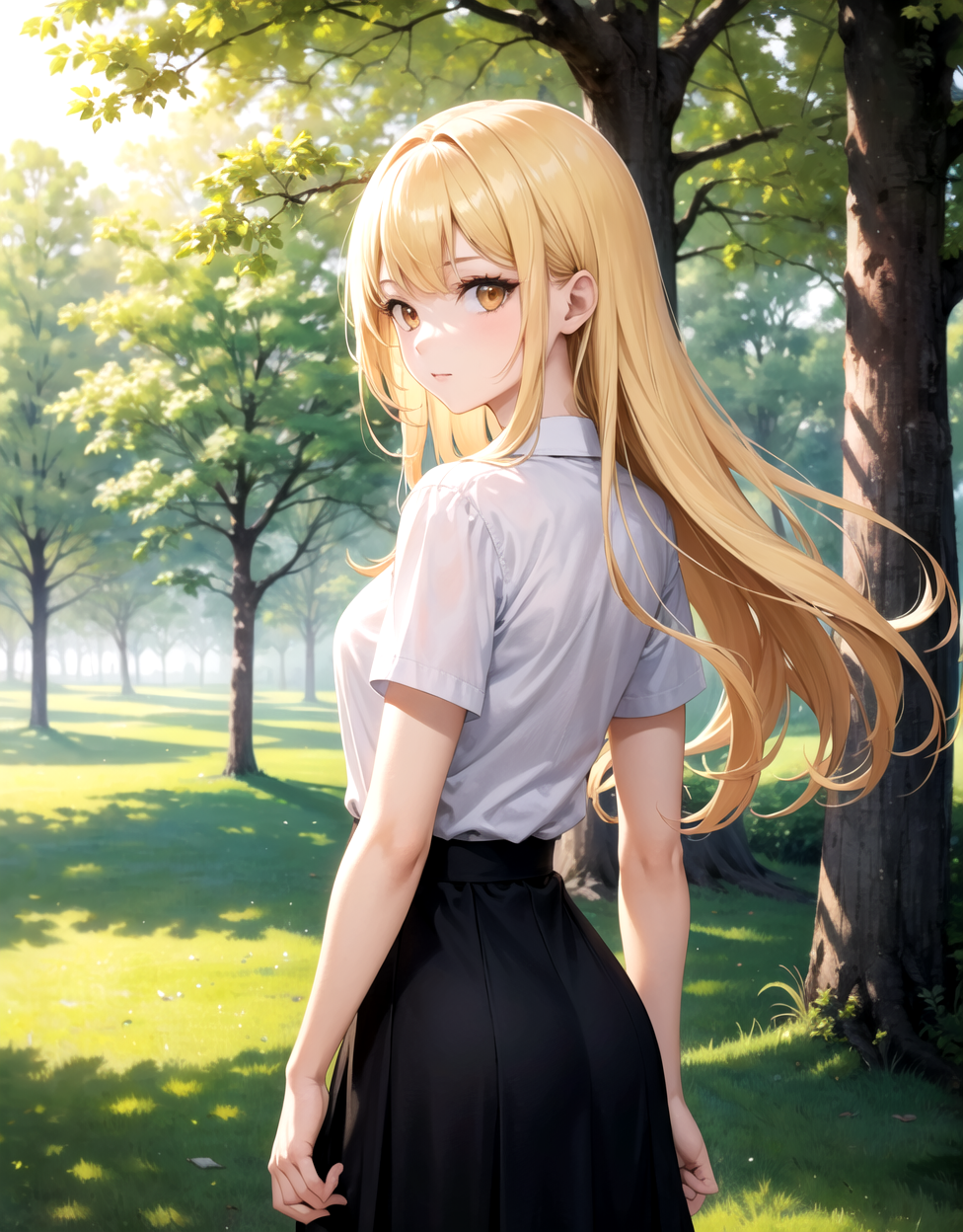 00018-3710508435-1girl, blonde hair, long hair, orange eyes, standing, white shirt, black skirt, park, trees, nature, beautiful backround, lookin.png